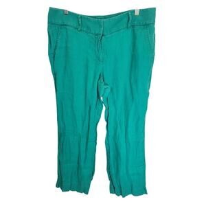 Ann Taylor LOFT Green Marisa 100% Linen Mid Rise Trouser Pants Women's Size 12